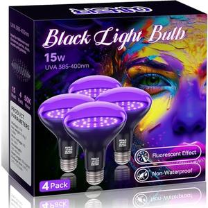 PIZHLO 4 Pcs 15W LED Black Light Bulbs, BR30 E26 Black Shell Blacklight LED Bulb, 385-400nm, Glow in The Dark for Blacklight Party, Body Paint, Fluorescent Poster, Halloween Decoration,Non-Waterproof