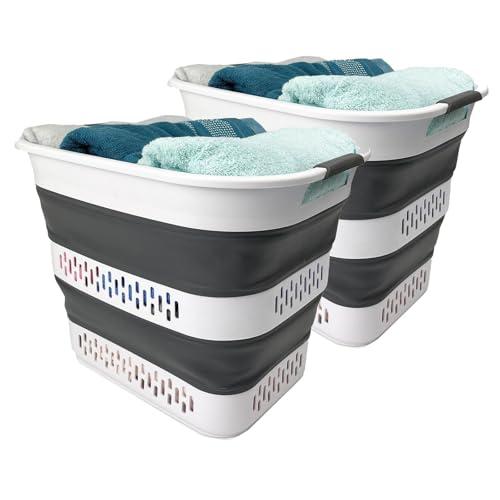 SAMMART 40L (10.5 Gallon) Collapsible Plastic Laundry Basket - Foldable Pop Up Storage Container/Organizer - Portable Laundry Hamper - Space Saving (2, White/Steel Grey)