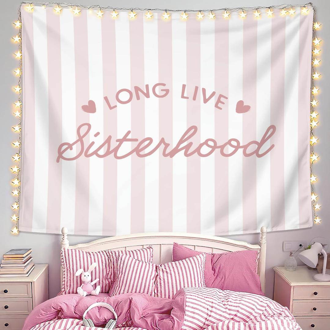 LIANGW Preppy Long Live Sisterhood Pink Striped Girls Room Decor - Tapestry Aesthetic for Bedroom, Coquette Preppy Room Decor for Girly Nursery Toddler Playroom Bedroom Dorm Apartment 50x60 inches