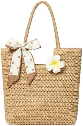 Straw Tote Bag for Women, Large Summer Beach Bag with Polka Dot Scarf & Plumeria Flower