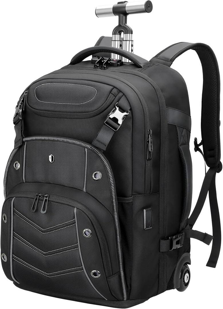 2-in-1 Large Rolling Laptop Backpack for Women Men, 50L Backpack with Wheels, USB Charging Port, TSA Lock & Shoe Compartment Carry On Luggage for Travel, College, Sports, Gym, Weekend Trip