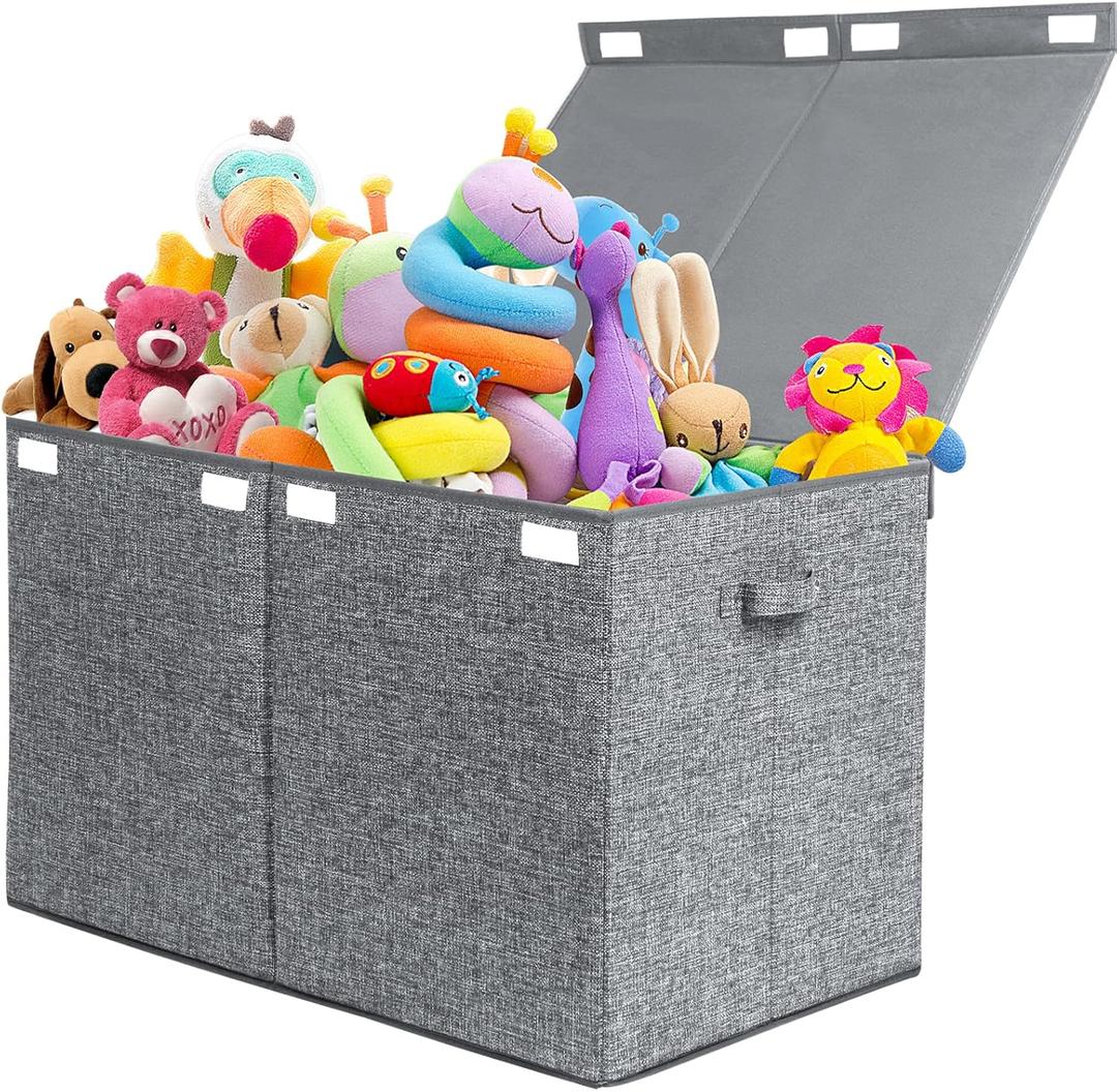 122L Large Toy Chest Box with Lid, Foldable Toy Storage Organizer Bin Boxes with Removable Divider for Kids, Boys, Girls, Nursery, Playroom, 26"x17" x17"(Linen Gray) (Extra Large Grey)