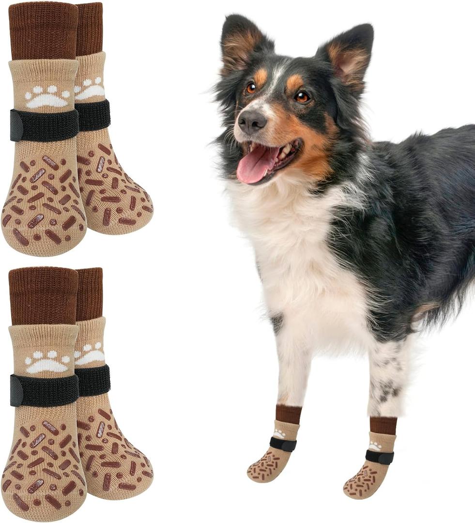 SCENEREAL Dog Socks to Prevent Licking Paws for Hot/Cold Pavement, Anti Slip High Top Dog Grip Socks for Hardwood Floors, Dog Shoes Booties&Paw Protector for Small Medium Large Senior Dog, Khaki M (M(Pack of 4), Classic Style-Khaki)