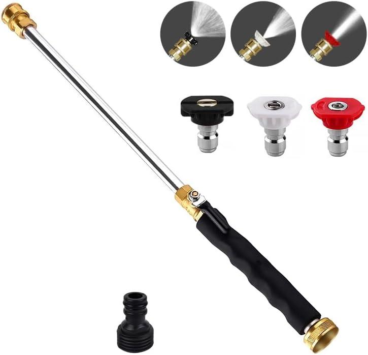 Jet Nozzle Power Washer Wand Hose Nozzle, Hydro Jet High Pressure Washer Tools with 3 Different Nozzles, 3-In-1 Power Wand with Hose Quick Connectors for Car Pet Window Washing, Black, 18inch