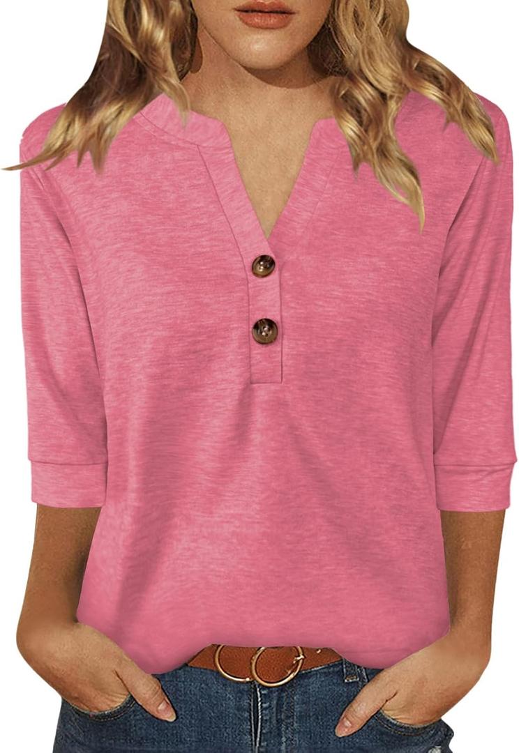 Womens Tops 3/4 Sleeve V Neck Button Down Shirts Business Casual Outfit Basic Tees Summer Top 2025 (XX-Large, Pink)