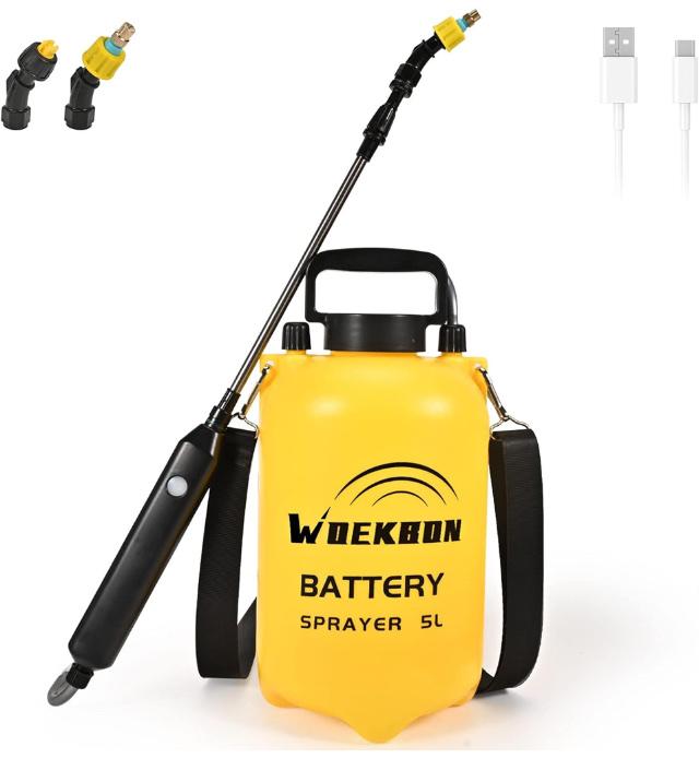 WOEKBON 1.35 Gallon Battery Powered Sprayer, Electric Sprayer with USB Rechargeable Handle, Potable Garden Sprayer with Telescopic Wand, 2 Mist Nozzles and Adjustable Shoulder Strap