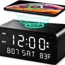Wooden Digital Alarm Clock with Wireless Charging, 0-100% Adjustable Brightness Dimmer and Alarm Volume, Weekday/Weekend Mode, Dual Alarm, Snooze, 12/24H, Wood LED Clock for Bedroom (Black)