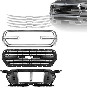 Grille Set 8pcs Compatible with Dodge Ram 1500 2019 2020 2021 2022 Front Upper Bumper Grill + Mesh Cover Plate + Grille Base Back Bracket + Front Grille Trim Covers 68404863AD (Chrome)