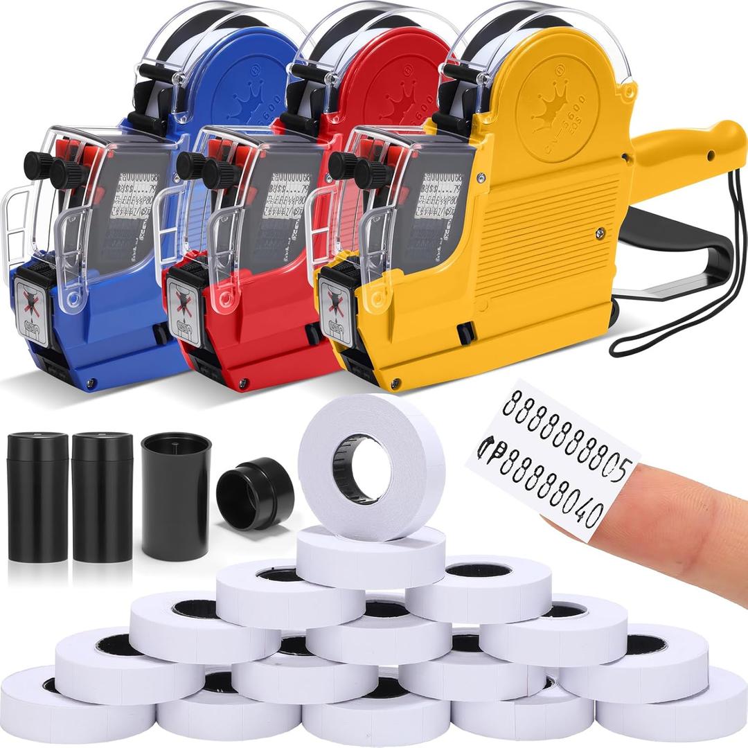 3 Set Price Gun 2 Line Labeler with 15000 Blank White Labels 3 Ink Rolls Kit, Date Gun Pricing Tagging Stickers Maker Machine for Office Retail Shop Grocery Store Yard Sale (Multicolor)