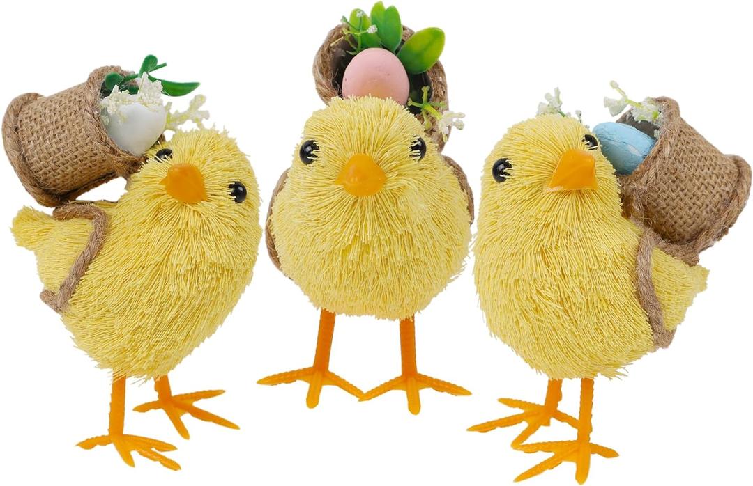 DR.DUDU Set of 3 Easter Decorations 4.5" Straw Chick Figurines with Egg Baskets, Realistic Baby Chick Tabletop Decor, Sisal Chicken Statue Farm Animal Spring Decor for Home Kitchen Office Farmhouse