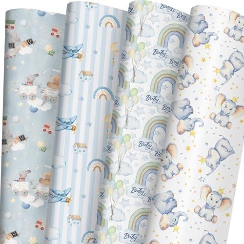 Pack of 2, SaringSwoon Baby Shower Wrapping Paper for Boys Birthday Baby Shower - Blue Gift Wrap With Funny Animals, Airplane, Rainbow, Elephants, Balloon and Baby Boy Design - 20×29 Inches, 8 Folded Sheets