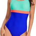 Vogueric Womens One Piece Swimsuit Scoop Open Back Athletic Training Swimwear Color Block Sport Bathing Suit Mint Royal Large