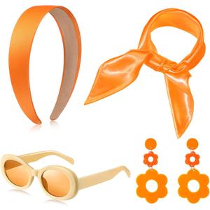 SATINIOR 4 Pcs 60s 70s Women Hippie Disco Costume Accessories Set Headband Dangle Earrings Sunglasses Silk Scarf (Orange)