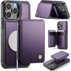 Compatible with Magsafe for iPhone 14 Pro Wallet Case Magnetic Card Holder, RFID Blocking 2 in 1 Detachable Kickstand Shockproof Case for Women Men, Purple