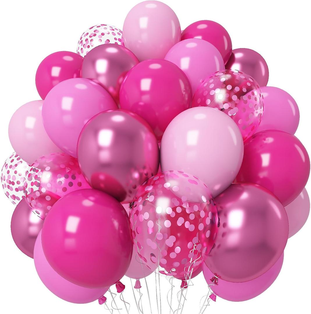 HILAVO Pink Balloons 12 Inch Hot Pink Metallic Pink Balloons Baby Pink Confetti Latex Balloon Dark Magenta Pink Party Balloons for Bitrhday Valentine's Day Baby Shower Wedding Kit Princess Decorations