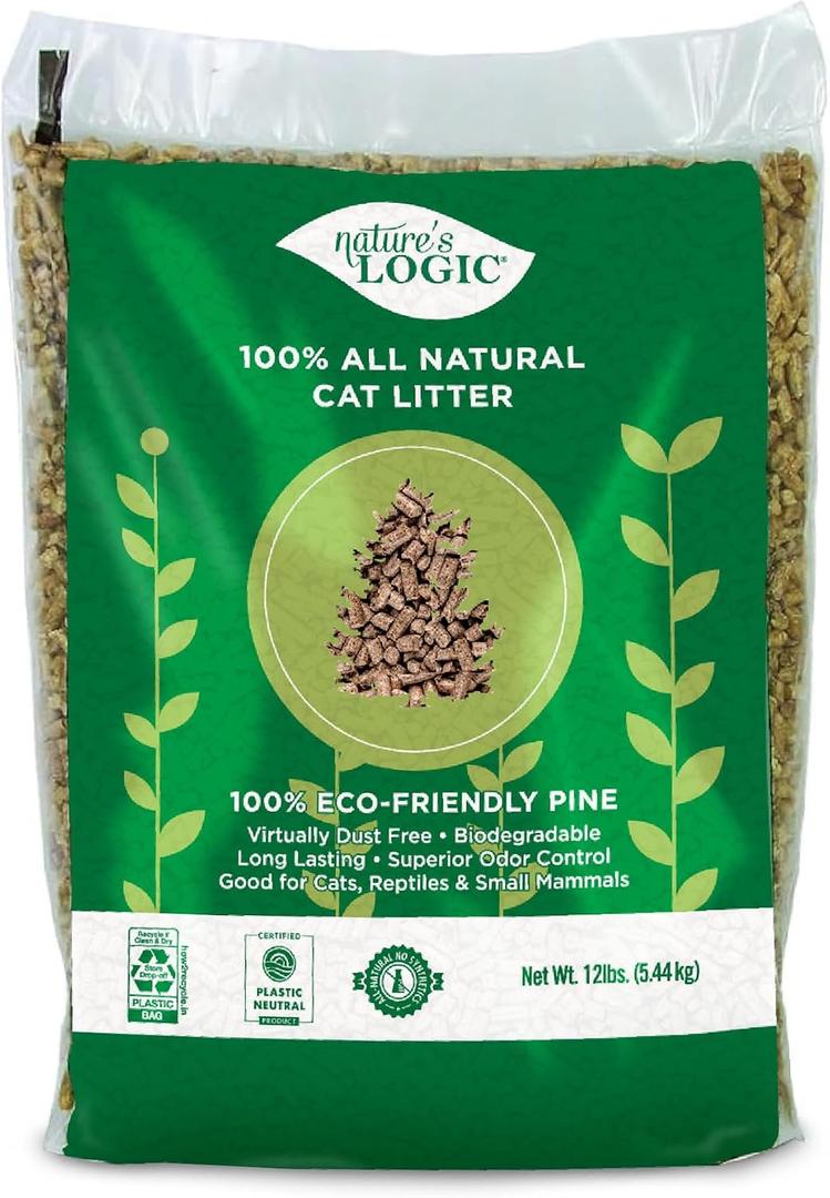 Nature's Logic 100% Natural Pine Pellet Cat Litter - Dust-Free, Unscented, Biodegradable - Safe for Cats, Kittens, Reptiles & Small Pets - Highly Absorbent - 12 lb Bag (EXP 12/31/26)