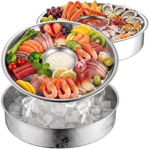 2 Sets Chilled Serving Tray for Parties 10" Shrimp Cocktail Serving Dish with Ice Tray Stainless Steel Round Iced Cooling Platter with Dip Compartment for Oysters Crawfish Fruits Seafood
