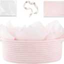OIAHOMY Gift Basket with Handle, Small Woven Basket with Gift Bag, Ribbon and Wrap Tissue Paper, Nursery Bins Empty to Fill with Small Items, Baby, Pet Toy Organizer - Pink (12"x 8"x 5")
