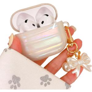 for AirPod 4 Case Cute Luxury Glitter Pearl Shell Protective Cover with Bowknot Keychain Compatible with AirPods 4th Generation Case 2024 for Girls Women (Bow Colorful)