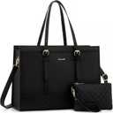 LOVEVOOK Laptop Tote for Women, 17.3 inch Waterproof PU Leather Computer Bag, Large Capacity Work Tote, Black
