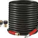 RIDGE WASHER Pressure Washer Hose 50 Feet X 3/8 Inch for Hot and Cold Water, 2-Wire Steel Braid Hose (R2), 3/8 Inch Quick Connect, 6000 PSI