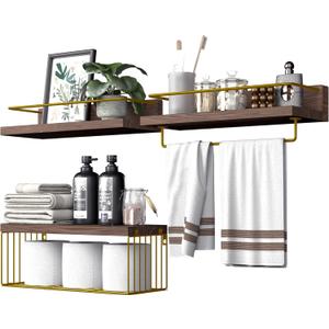 PopiShelves Bathroom Shelves Over Toilet for Wall, Floating Shelves with Storage Basket Paper Holer for Kitchen Living Room, Bedroom & Classroom, Set of 3 (Brown and Gold)