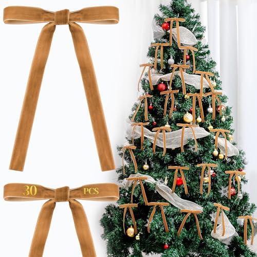 AYGXU 30pcs Velvet Bows for Christmas Tree Decorations,Twist tie Bows,Vintage Christmas Bow Decor,premade Bow for Gift Wrapping,Table,Garland,Fireplace Decor.Khaki(5/8" W,5.1 * 7in)