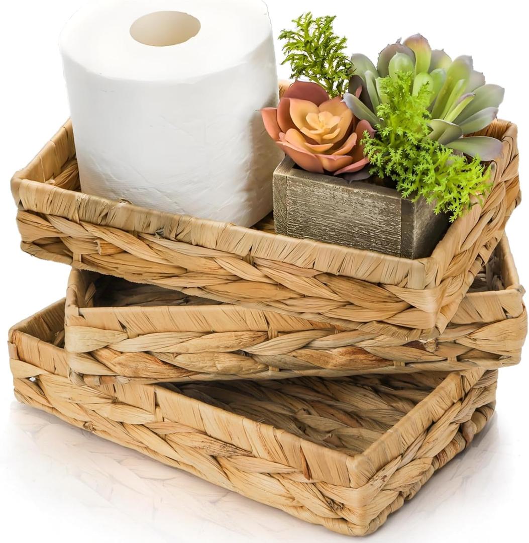 3 Packs Wicker Storage Trays, 10" Rattan Vanity Trays, Handwoven Toilet Paper Holder for Bathroom Towel, Rectangular Water Hyacinth Organizer for Countertop, Tank Topper, Pantry, Shelves