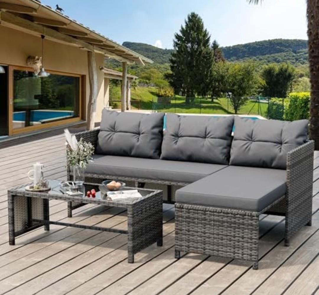 Shintenchi 3-Piece Outdoor Patio Furniture Sets, Wicker Patio Conversation Sets, All Weather Wicker Rattan Patio Seating Sofas with Glass Coffee Table and Cushion, Gray