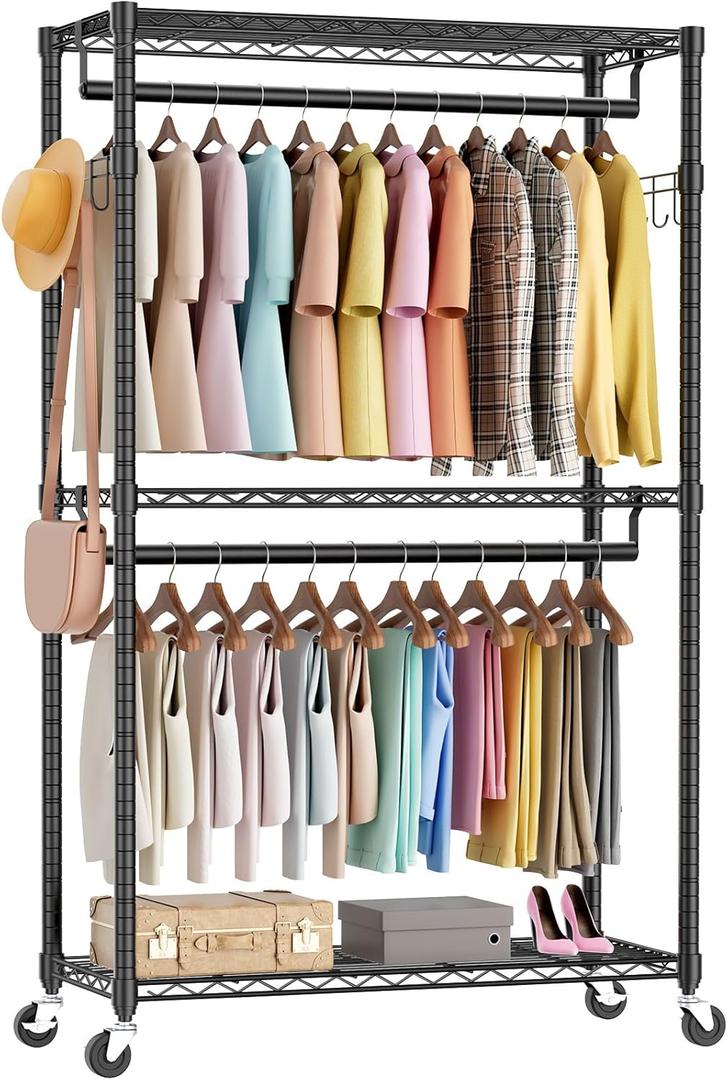Sweetcrispy Rolling Clothes Rack, Heavy Duty Garment Racks 3 Tiers Portable Adjustable Wire Shelves with Wheels, Hanging Rods & Side Hooks Metal Freestanding Clothing Wardrobe Closet - Black (17.72"L x 47.2"W x 80.3"H)