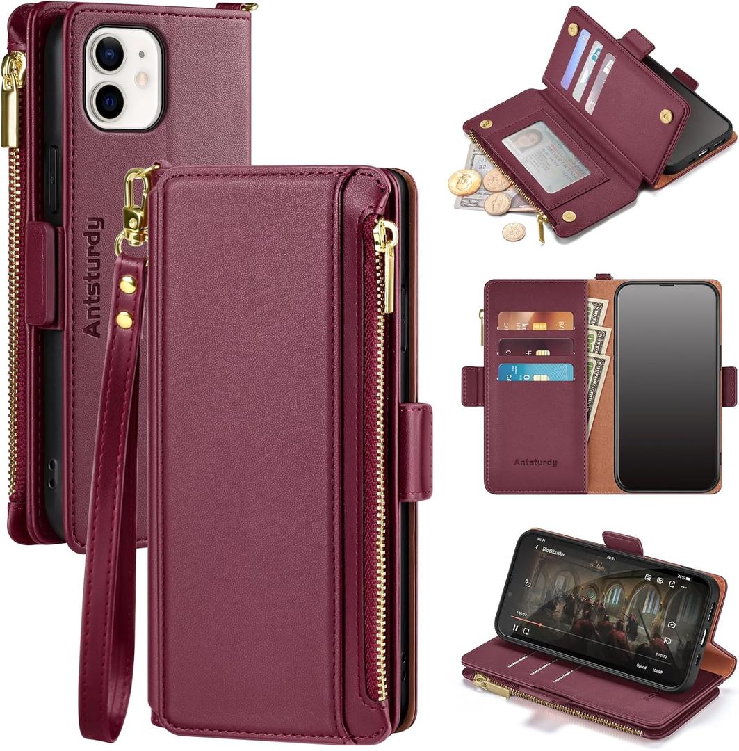 Antsturdy Compatible with iPhone 12 Wallet Case,RFID Blocking PU Leather Phone Case Women Men Kickstand Flip Cover Wrist Strap Zipper Credit Card Holder Slots,for Apple 12 Pro 6.1", Burgundy