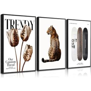 3Pcs Black Framed Trendy Leopard Print Canvas Wall Art Picture Stylish Female Aesthetic Poster Cheetah Printed Preppy Fashion Skateboard Wall Decor for Bedroom Apartment Dorm Living Room 16x24in