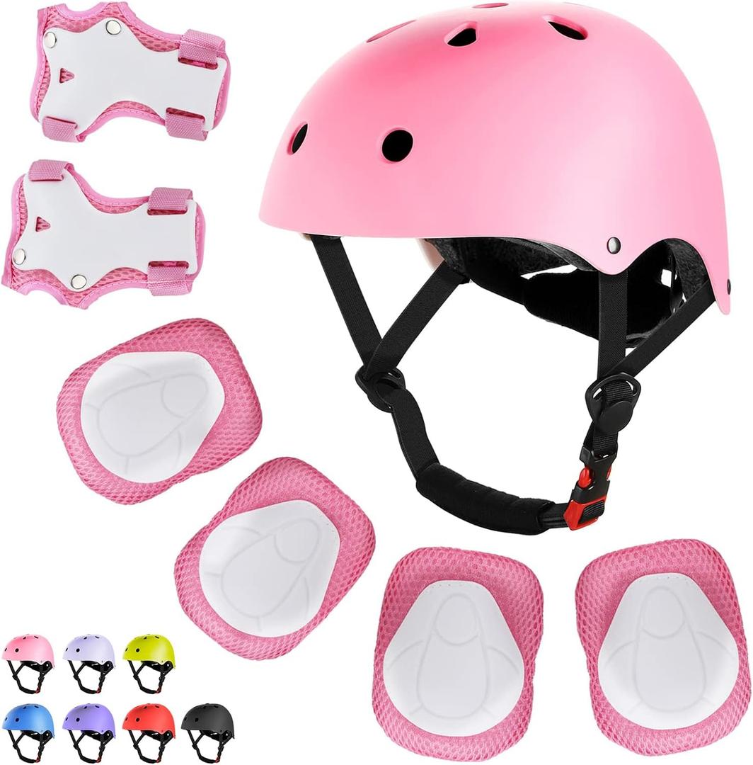 WayEee Kids Bike Helmet Set Skateboard Knee Pads, 7PCS Protective Gear Adjustable for Girls Boys 3-10 Age Elbow Pads Wrist Guards for Outdoor Sports Cycling Bike Roller Skating Scooter, Youth, Pink
