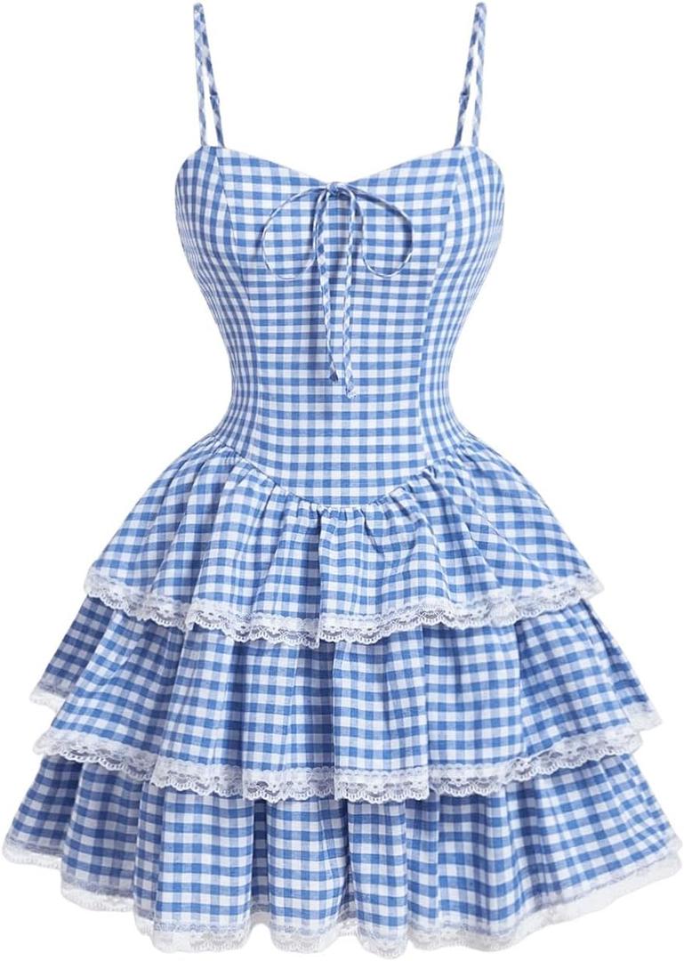 SOLY HUX Women's Y2k Gingham Plaid Mini Dress Lace Trim A Line Layered Ruffle Hem Cami Dresses (Medium, Blue and White Plaid)