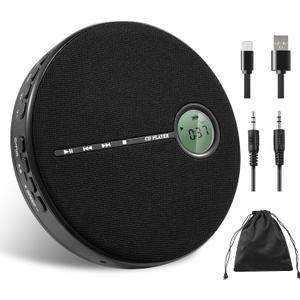 Gelielim Portable CD Player Bluetooth, Personal Discman CD Player for Car & Home,Small Fabric Music Player with Anti-Skip Protection, A-B Repeat,10 Speeds,Stereo Speakers,Supports CD/AUX/USB, Black