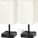 Bedside Table Lamps Set of 2 - Touch Nightstand Lamp for Bedroom with USB C+A Charging Ports & AC Outlets, 3-Way Dimmable Desk Lamp Flaxen Fabric Shade for Living Room Office(Bulb Included)
