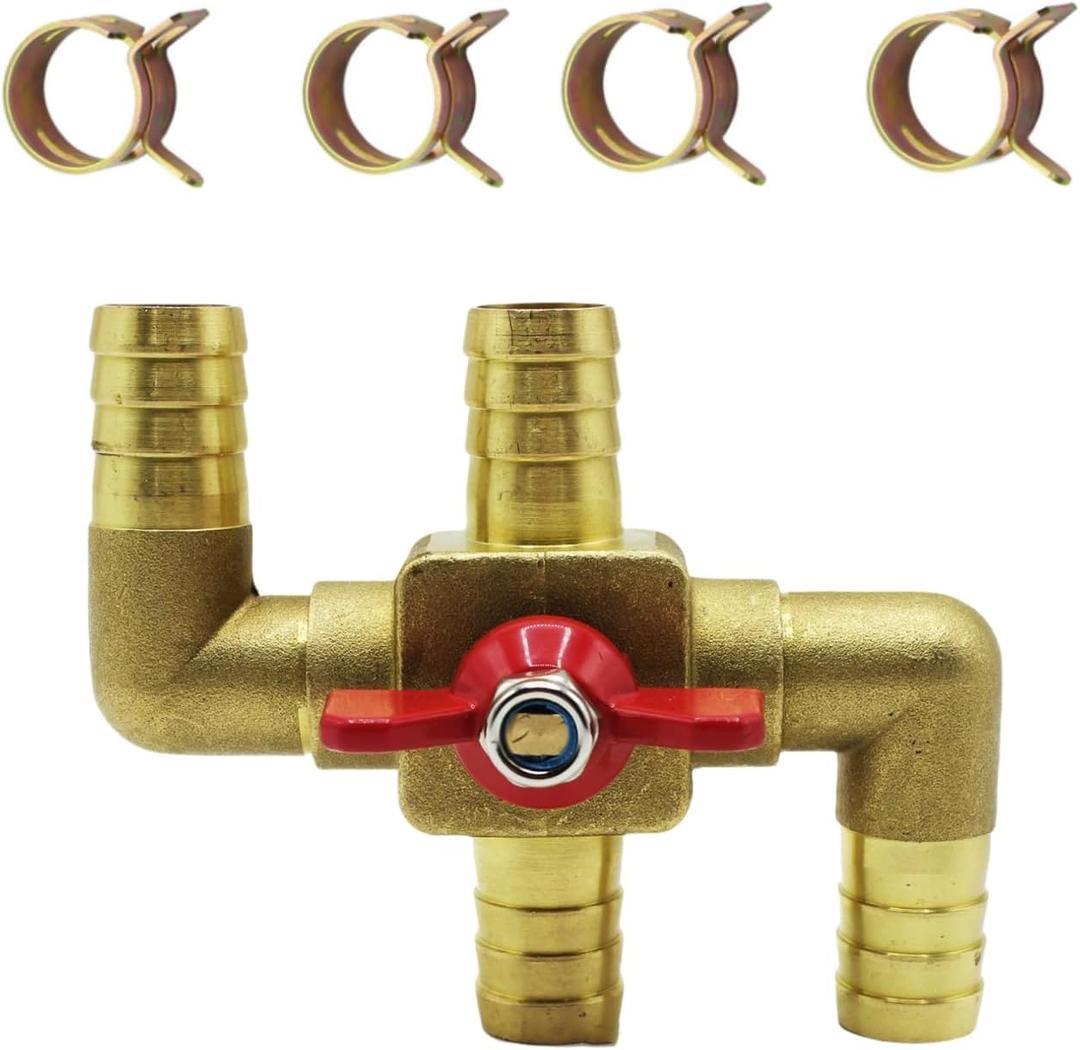 Solid Brass 5/8 Inch Heater Control Valve, 4-way Automobile Heating Water Valve, Brass Automotive Integrated Manual Control Valve, Heater Core Bypass with 4 Clamps(16mm)