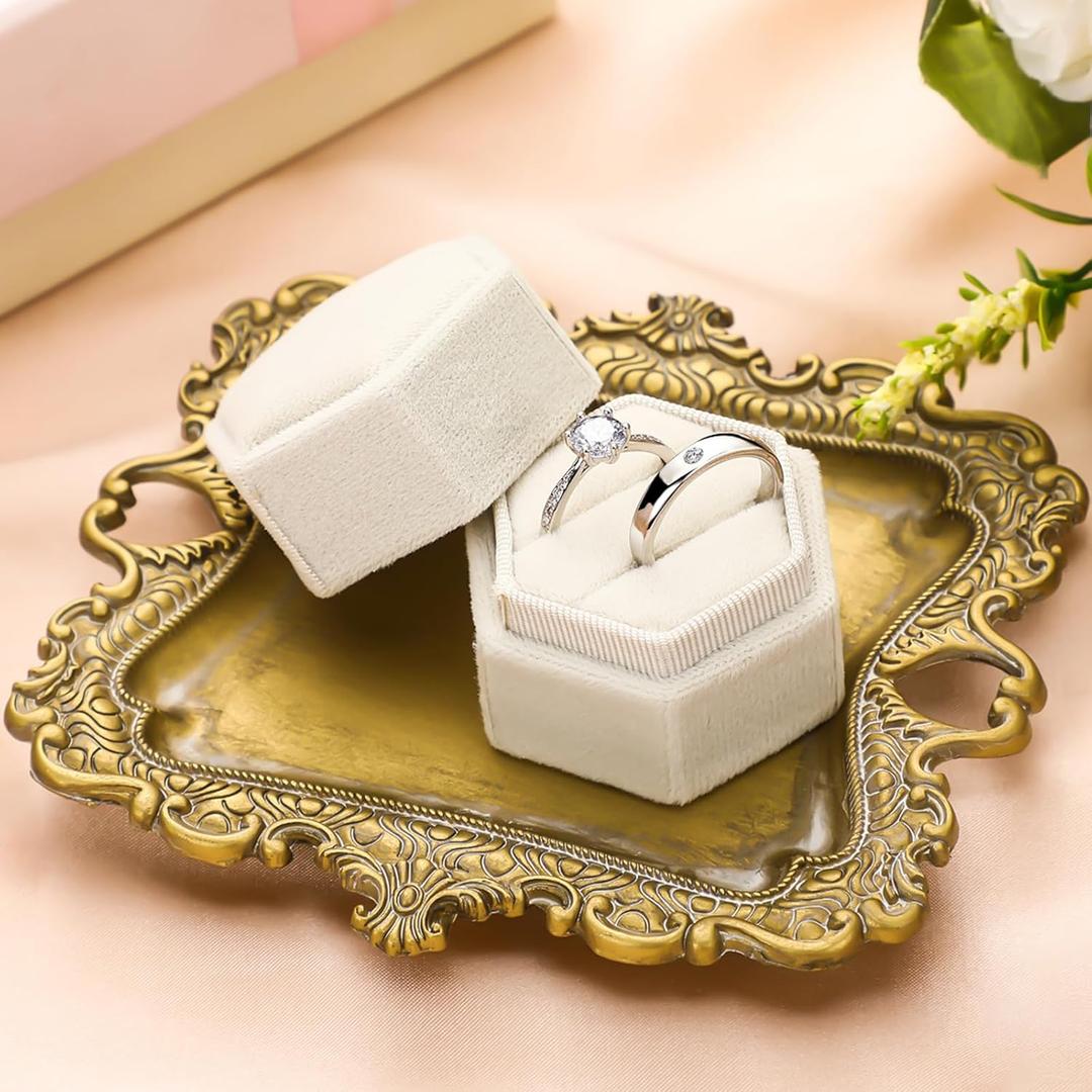2 Pcs Wedding Vintage Trinket Tray with Velvet Jewelry Ring Box Gold Flat Lay Tray for Wedding Photographer Detail Props Ceremony Antique Decor