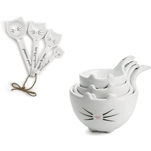 White Cat Measuring Cups & Spoons Gift Set – Ceramic Kitchen Tools for Cat Lovers & Bakers – 4 Measuring Cups and 4 Measuring Spoons – Unique Gift for Kitchen, Baking, and Cat Lovers