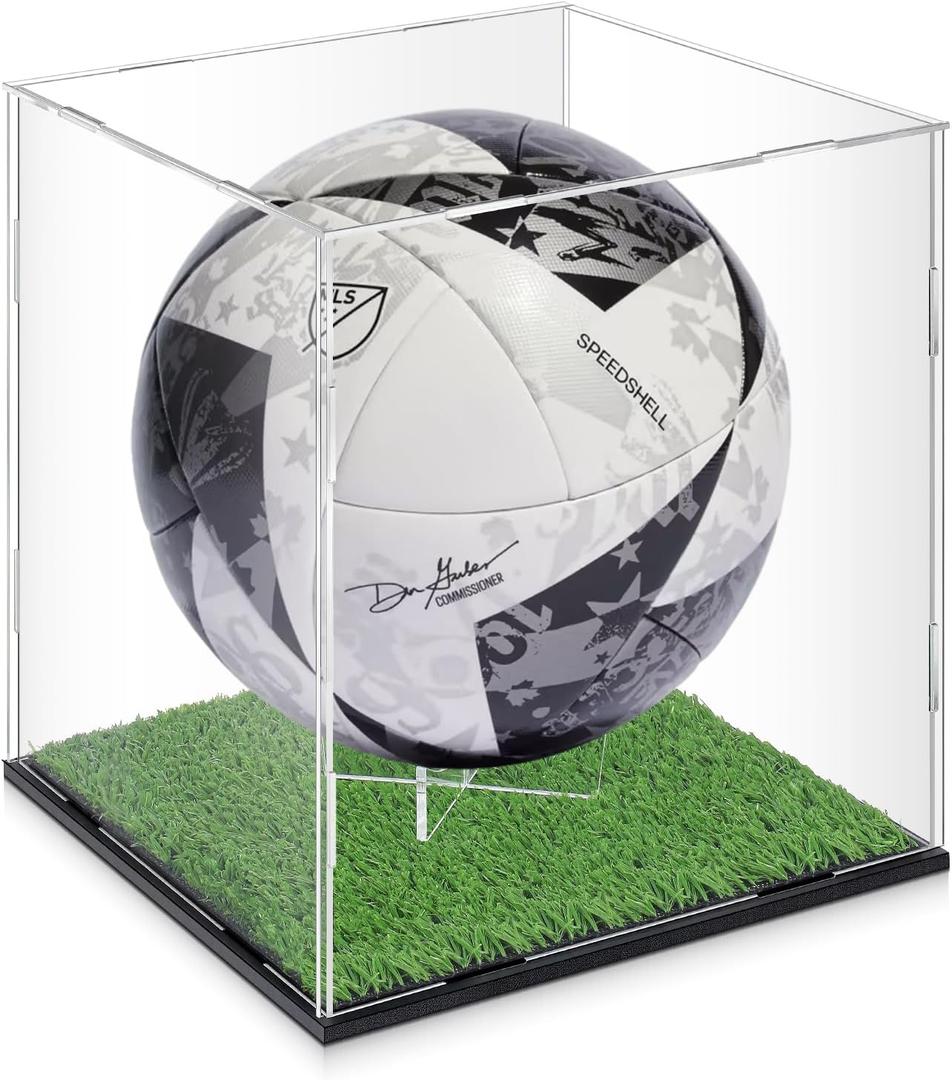 Novabright Soccer Ball Display Case Transparent Acrylic Full Size Soccer Ball Display Holder with Grass Turf Self Assembly Acrylic Case Protection Dustproof Showcase
