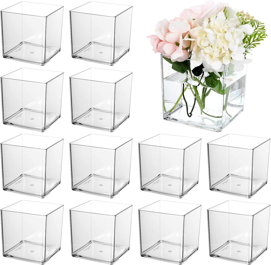 12 Pcs Clear Square Vases Acrylic for Centerpieces-4'' x 4'' Cube Square Flower Vase Bulk, Plastic Vases Container for Flowers Centerpieces Office Home Table Wedding Floral Plant