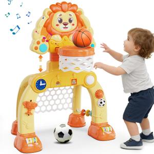 Toddler Basketball Hoop Soccer Goal for Kids 1-3, Baby Toys for 1 Year Old Boy Gifts, Kids Sports Toy with Light Sound Music, Baby Interactive Toys for Christmas Birthday Gifts for Boy Girls (Lion)
