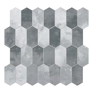 The Tiles Plaza 10-Sheet Peel and Stick Backsplash, 12" x 11.5" Grey Cement Long Hexagon Self-Adhesive Wall Tile, Stone Composite Stick On Decorative Mosaic Tile for Kitchen Bathroom Fireplace
