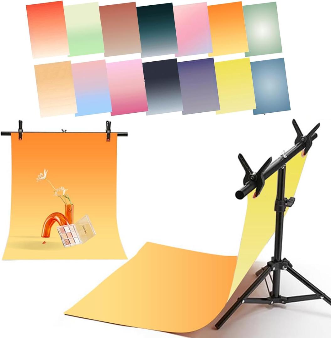 7PCS 14Patterns Photo Backdrop Gradient Paper with Stand: Flat Lay Seamless 34x23in Product Photography Backdrops- Tabletop Props Shoot for Jewelry Cosmetics Food