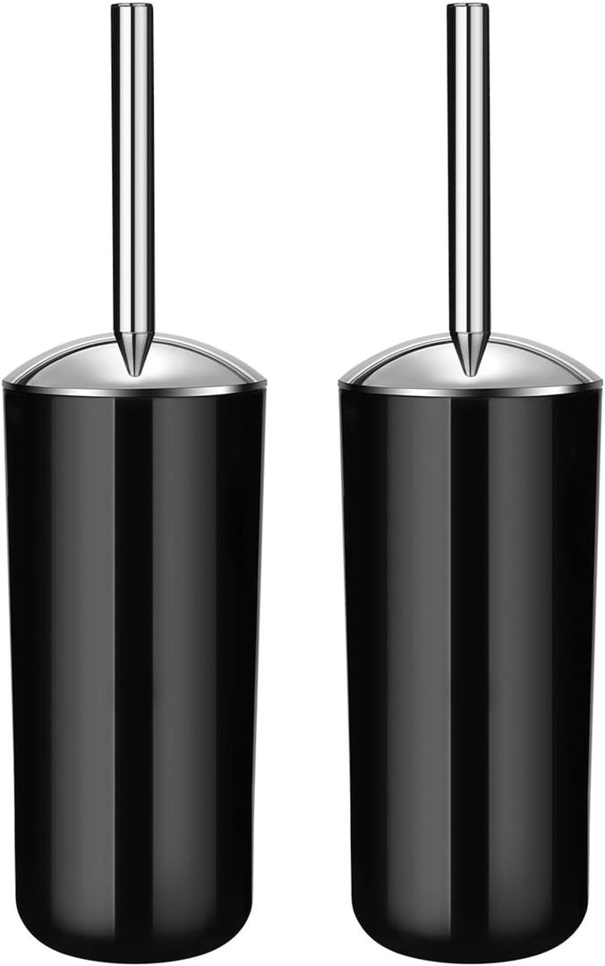Toilet Brush and Holder Set of 2 | Great Value 2-Pack for Multiple Bathrooms | Sturdy Reinforced Handle for Durability | Discreet Enclosed Caddy | 360 Deep Cleaning Bristles | (Black)