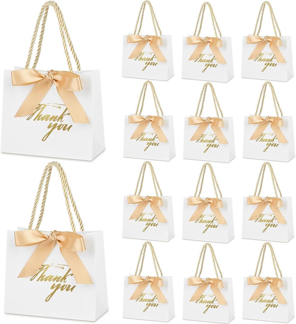 Mauproy 20 Pack Small Thank You Gift Bags with Handles, 5.5''x 2.5''x 4.7'' Mini Paper Gift Bags with Ribbons Party Favor Bags for Mother's Day Wedding Baby Shower Bridal Shower (White)
