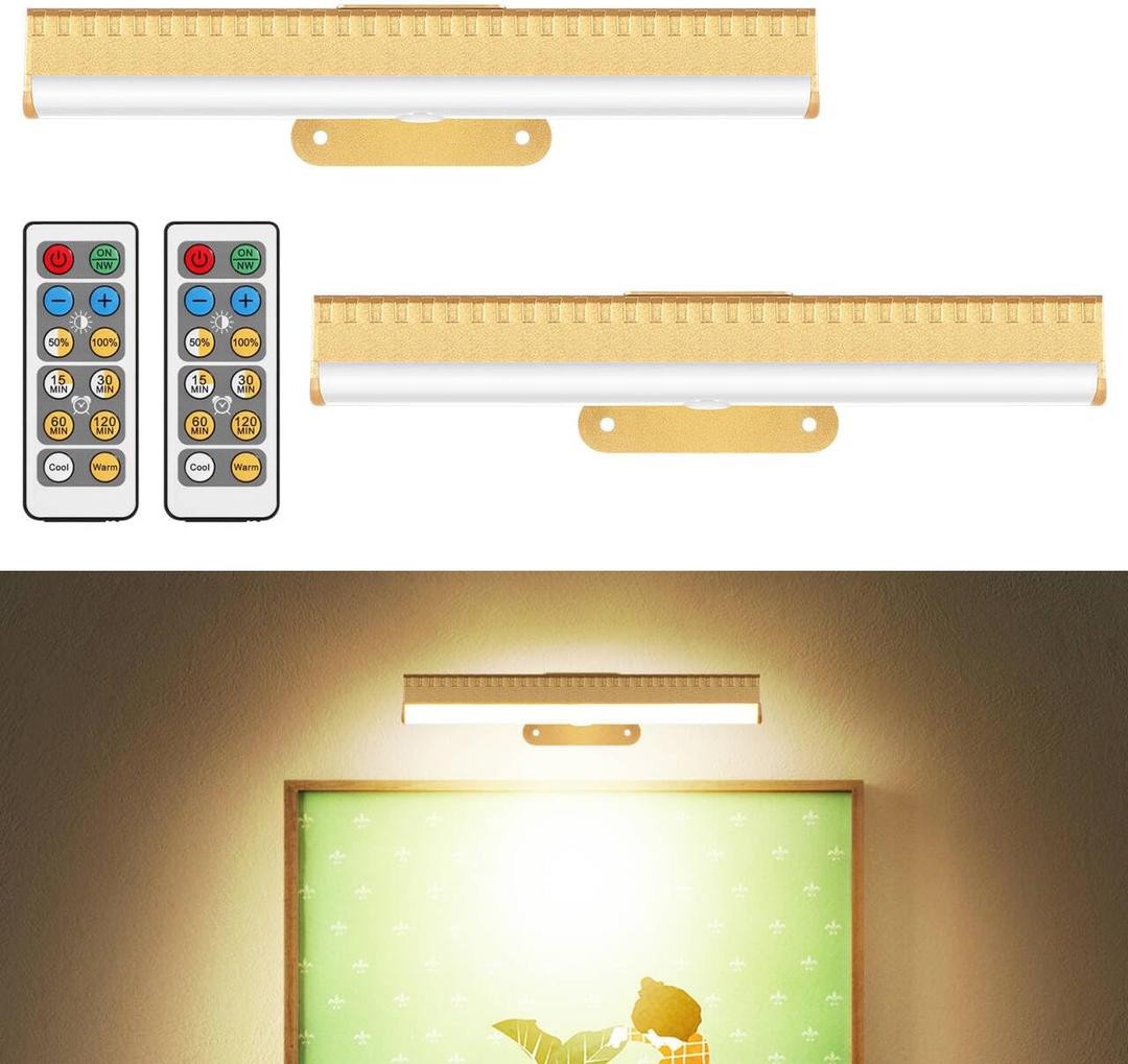 2Pcs Picture Light for Wall Dimmable,Remote Painting Light with Timer,Art Display Lighting with 3 Color, Battery Operated Led Accent Lights for Poster Frame Gallery Portrait Artwork-Gold (2PACK)
