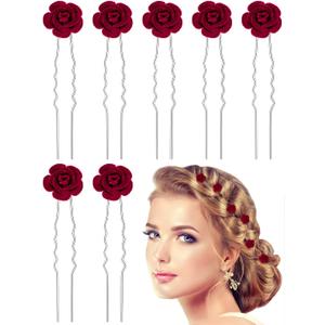 Bencailor 24 Pieces Rose Hair Pins Mini Burgundy Flower Hair Clips Accessories U Shaped Decorative for Bridal Wedding Dance Birthday Woman Small Bobby(Red)