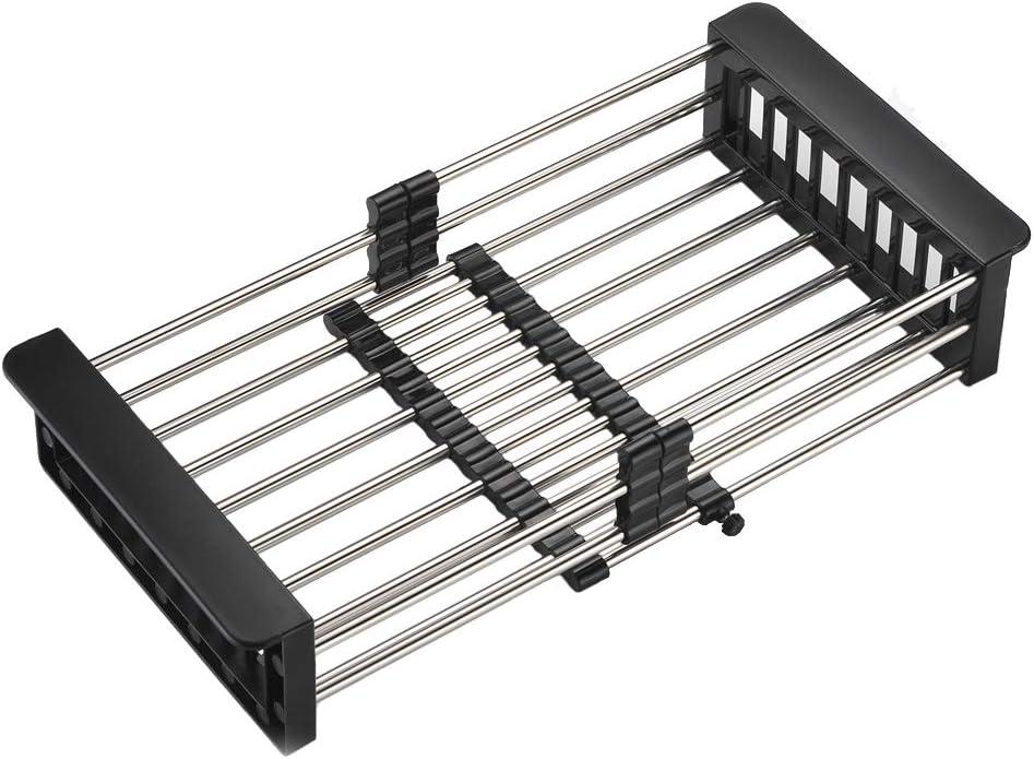 Dish Drying Rack, Stainless Steel Dish Drainer with Adjustable Arms Holder Functional Kitchen Sink Organizer for Vegetable and Fruit, Black Large
