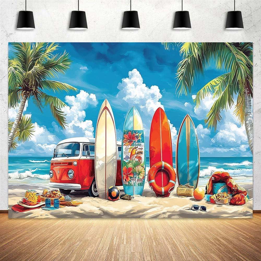 7 x 5 ft Summer Beach Backdrop Sea Sky RV Beach Seaside Surfs Up Tropical Birthday Garage Door Decoration Baby Shower Birthday Holiday Travel Themed Party Photography Decoration Banner Cover (Blue)